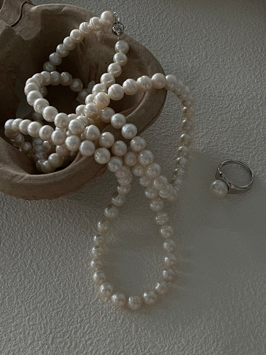 Round Pearl and Pure Silver Ring